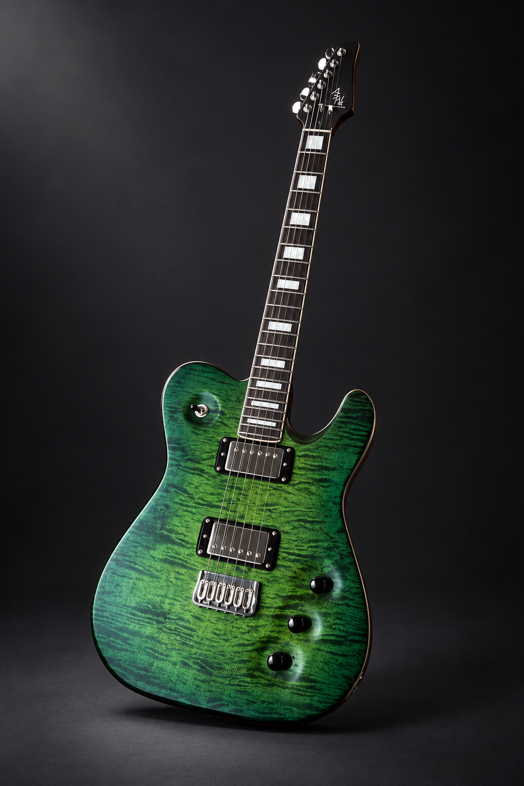 Green figured Ash custom guitar against a dark studio backdrop